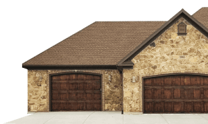 A two-story house featuring brown wooden garage doors, showcasing a classic and inviting architectural style.